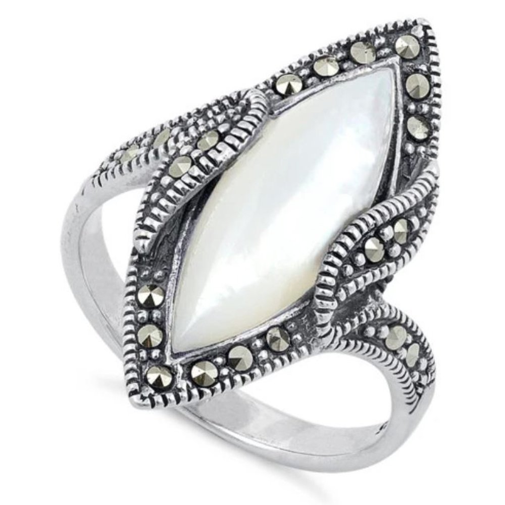 Mother Of Pearl Marcasite Ring 925 Sterling Silver Marquise Women's - Picture 15 of 15